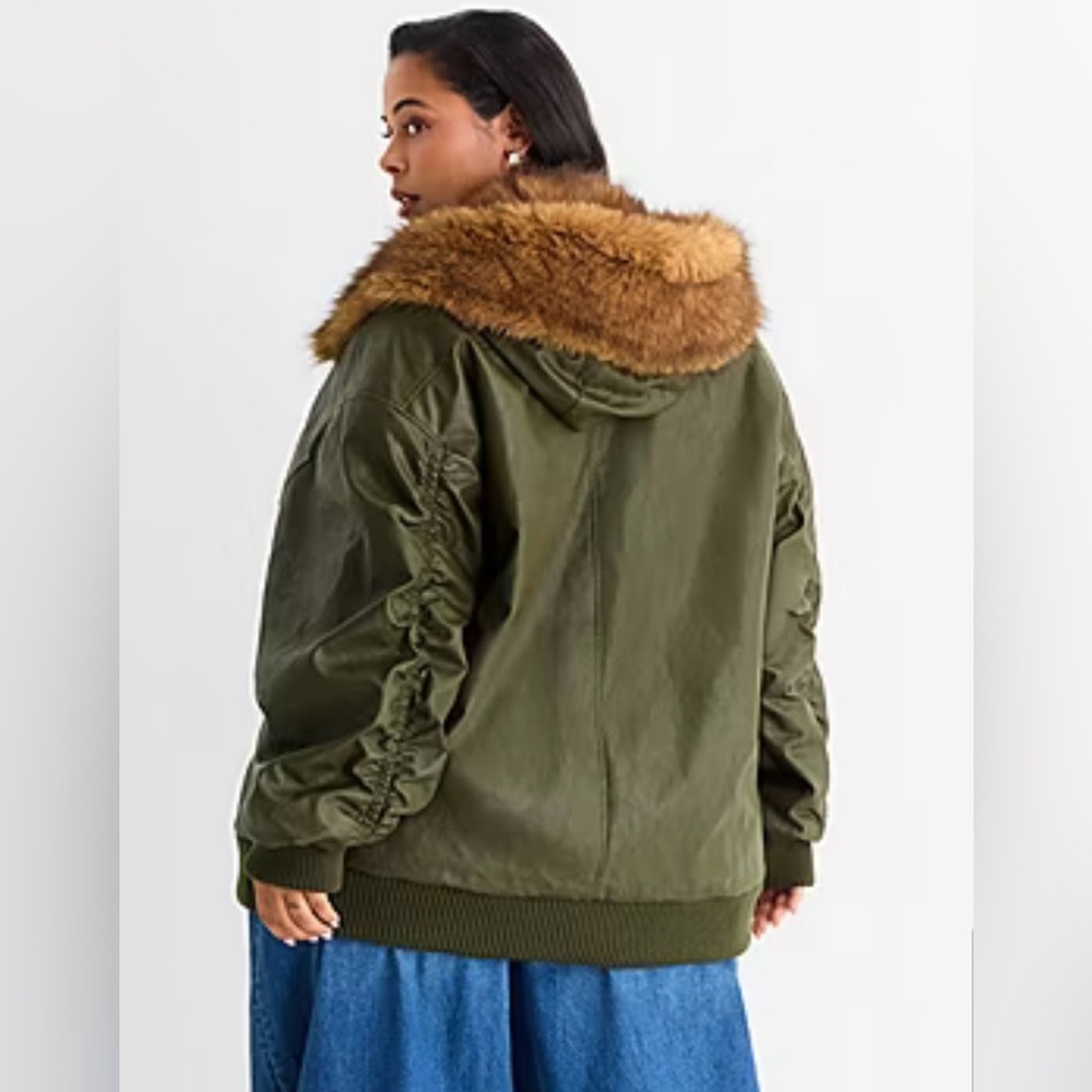Ashley Graham Olive Green Faux Leather Bomber Jacket with Brown Faux-Fur Hood - Picture 5 of 11